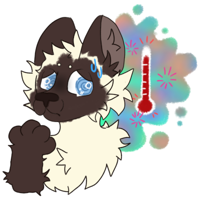  A siamese cat looking to the right side nervously, on the right is a colorful bubble, inside is green sparks and a red thermometer to show a fever temp.
